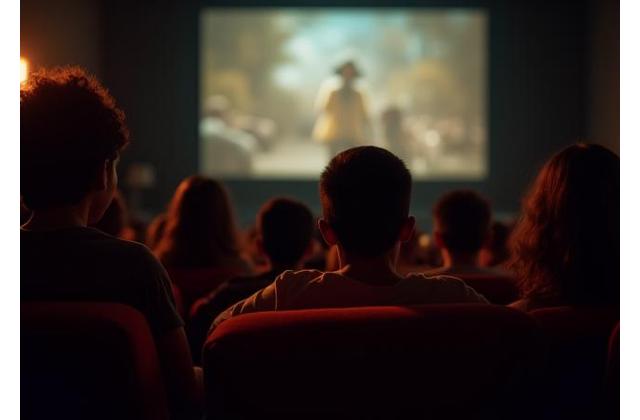 Public attentif regardant un film sur grand écran lors d'une projection publique.
