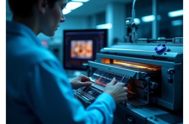 Équipement de numérisation de films haute résolution avec un technicien travaillant à côté.