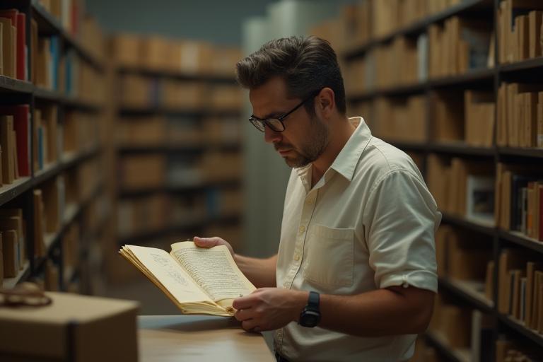 Une personne consultant de vieux dossiers d'archives cinématographiques dans une pièce d'archivage organisée.