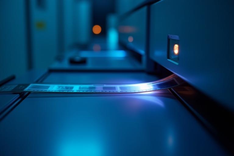 Équipement de numérisation de films haute résolution, avec un faisceau lumineux traversant une pellicule.