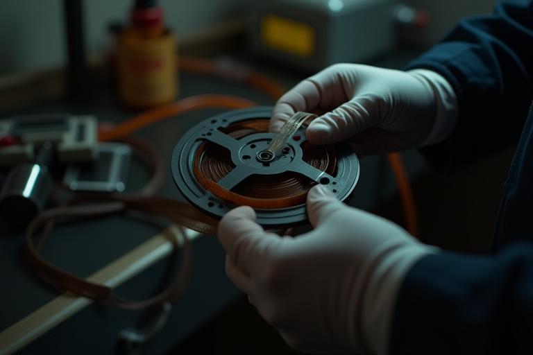 Bobine de film restaurée, en train d'être manipulée avec soin par des professionnels de la préservation.